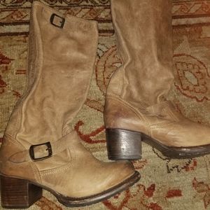 Frye stacked heel tall boot with buckle detail in tan